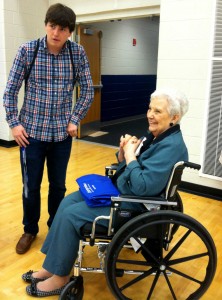 Mrs. Goodson speaks to Enterprise High School student Matthew Gallagher.