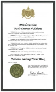 Picture of Gov. Bentley's National Nursing Home Week proclamation. Click picture to view larger version.