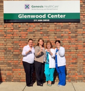 Glenwood Center's leadership teams shows a "0" to signify state inspectors found "0" deficiencies. Pictured from left to right: Administrator Dana Runager, Assistant Administrator Rhonda Poole, Director of Nursing Services Lynn Joyner and Assistant Director of Nursing Services Keri Vickery.