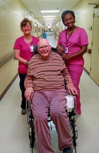 Englewood Health Care Center, from left to right, Certified Nursing Assistant Sharon Darby, resident George Sessions and Certified Nursing Assistant Shannon Wiggins.