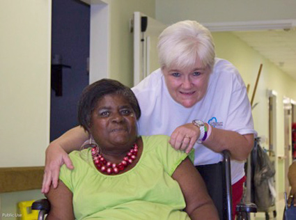 Thomasville Health Care & Rehab Center resident Thelma Patrick, left, with Business Office Manager Janet Smith.