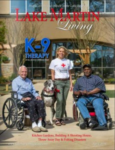 Mary Spencer and her therapy dog, Stella, pose with Francis Beaulieu and Roger Thornton in the courtyard of Bill Nichols State Veterans Home in Alexander City. Photo courtesy of Kenneth Boone.